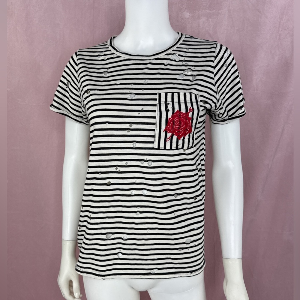 Lauren Moshi Womens Short Sleeve Striped Distressed Tee Shirt Too Size XS